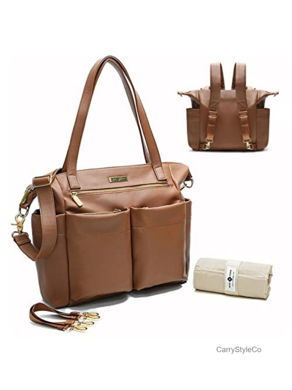 PU Leather Diaper Bag Tote Backpack Convertible 15 Pockets with Changing Pad